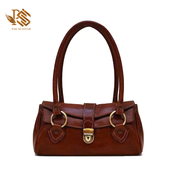 Full Grain Lock Closure Middle Zip Compartment Women Handbag