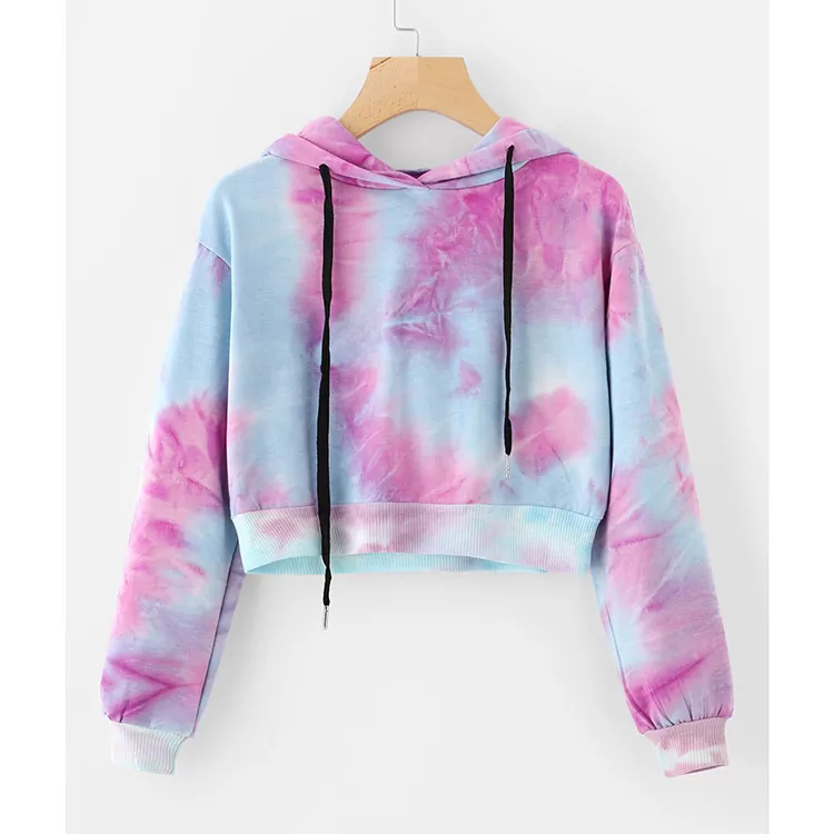 Women's Long Sleeve Tie Dye Crop Top Pullover Hoodie