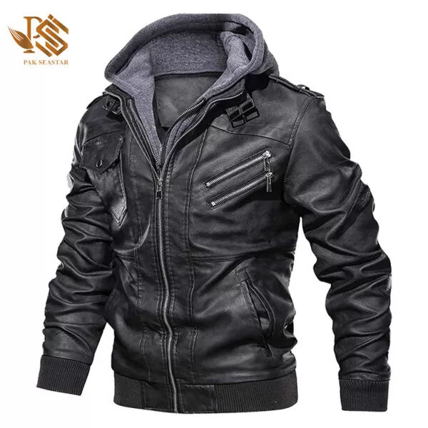 Men's Black Hooded Café Racer Genuine Leather Jacket