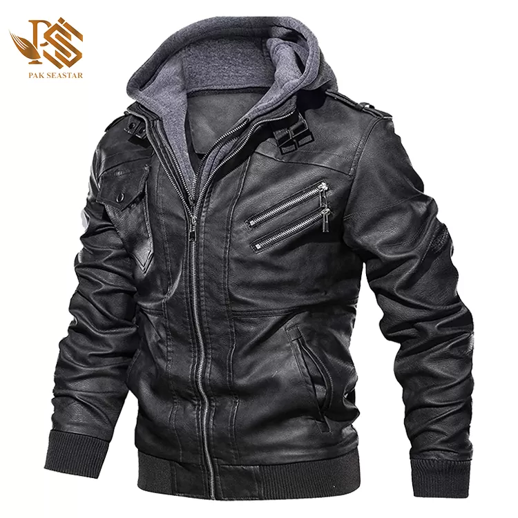 Men's Black Hooded Café Racer Genuine Leather Jacket