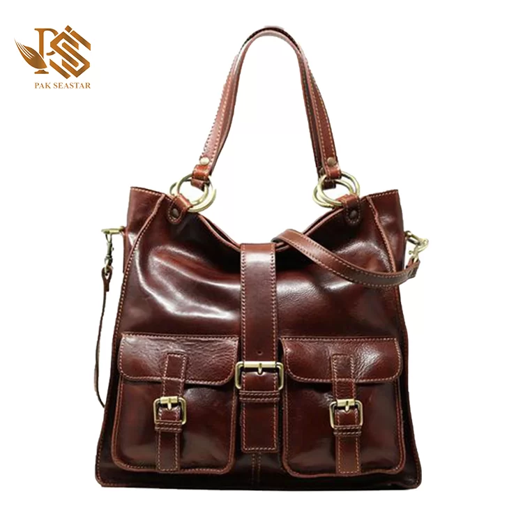 Two Front Cargo Pockets Genuine Leather Handbag