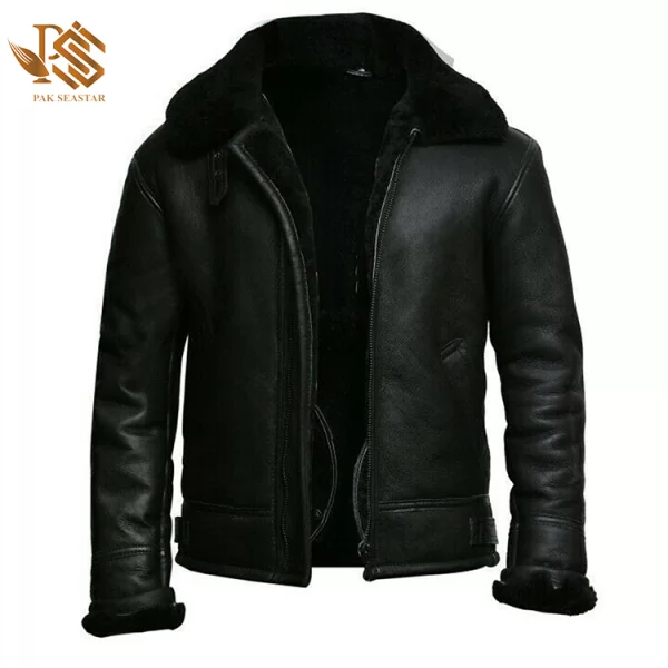 Men's Fur Collar Black Bomber Genuine Leather Aviator Jacket