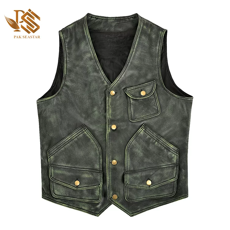 Men's Distressed Green Hunter Genuine Leather Vest