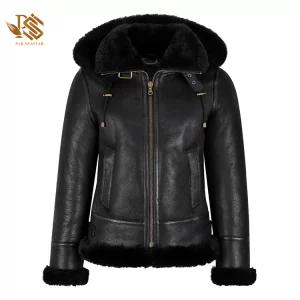 Women's B3 Bomber Hooded Classic Shearling Genuine Leather Jacket