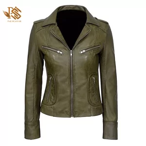 Women's Classic Olive Green Biker Leather Jacket